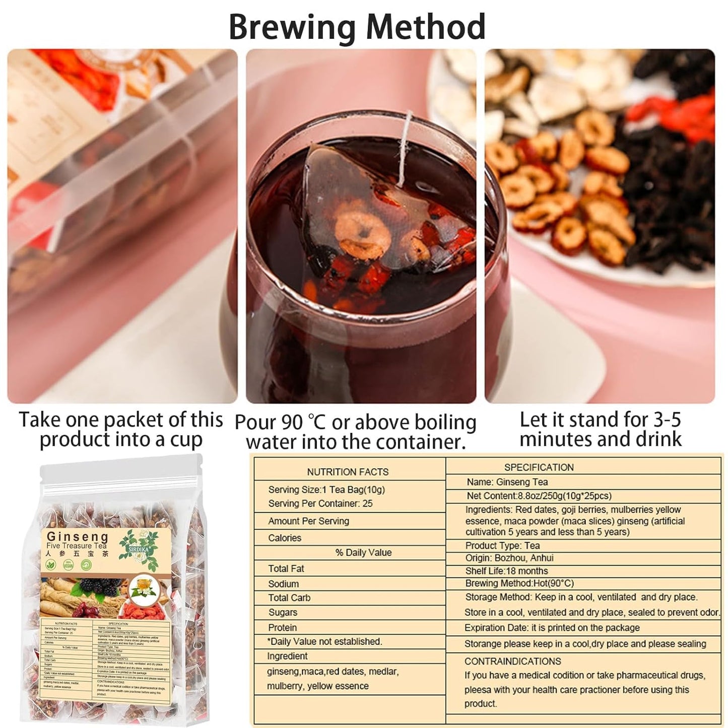 Ginseng Five Treasures Tea - Kidney Tea Formula Ginseng Six Treasure 6 Ingredients Wubao Herbal Red Date Natural Chinese Cleanse for Men Women (2Pack-50Bags)