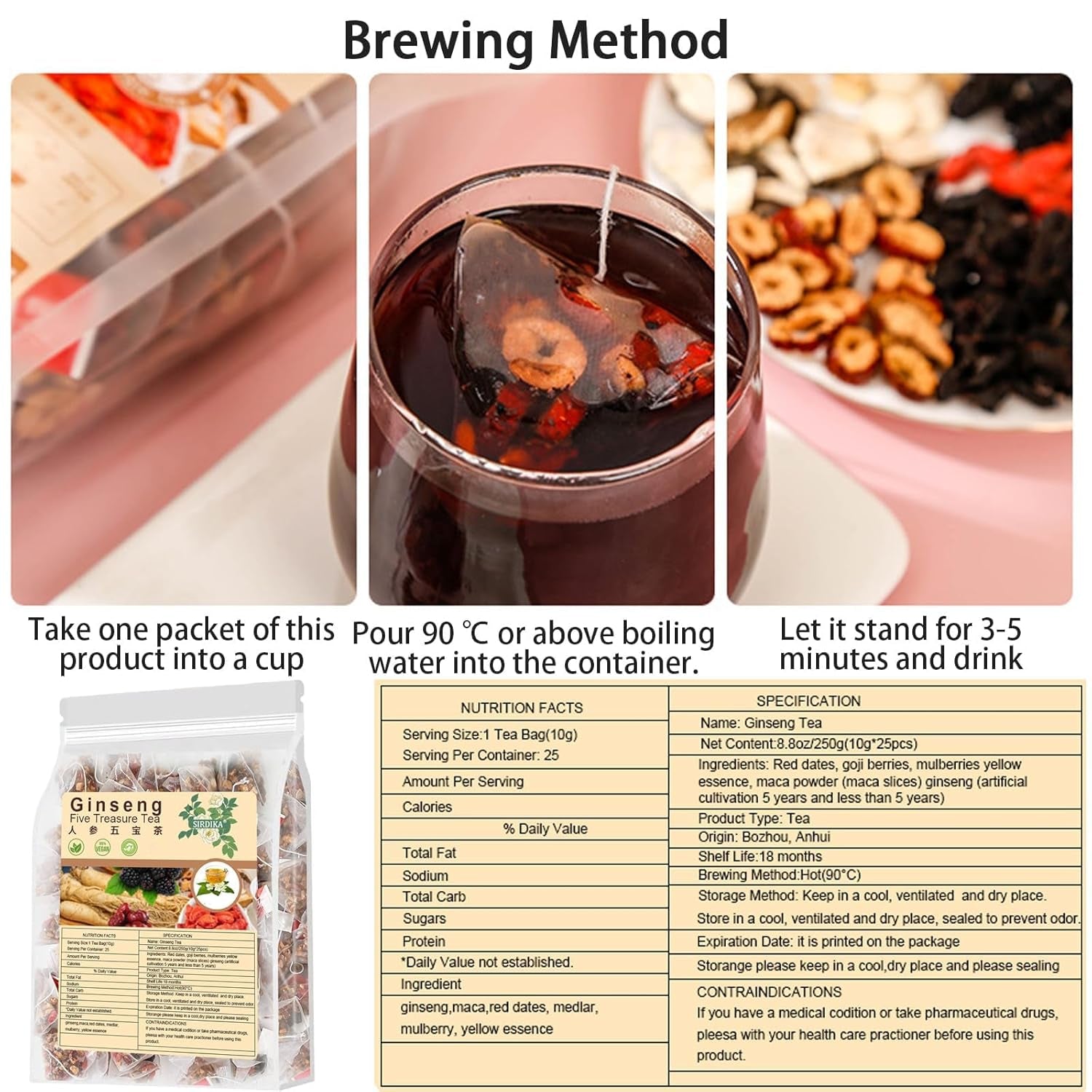 Ginseng Five Treasures Tea - Kidney Tea Formula Ginseng Six Treasure 6 Ingredients Wubao Herbal Red Date Natural Chinese Cleanse for Men Women (2Pack-50Bags)